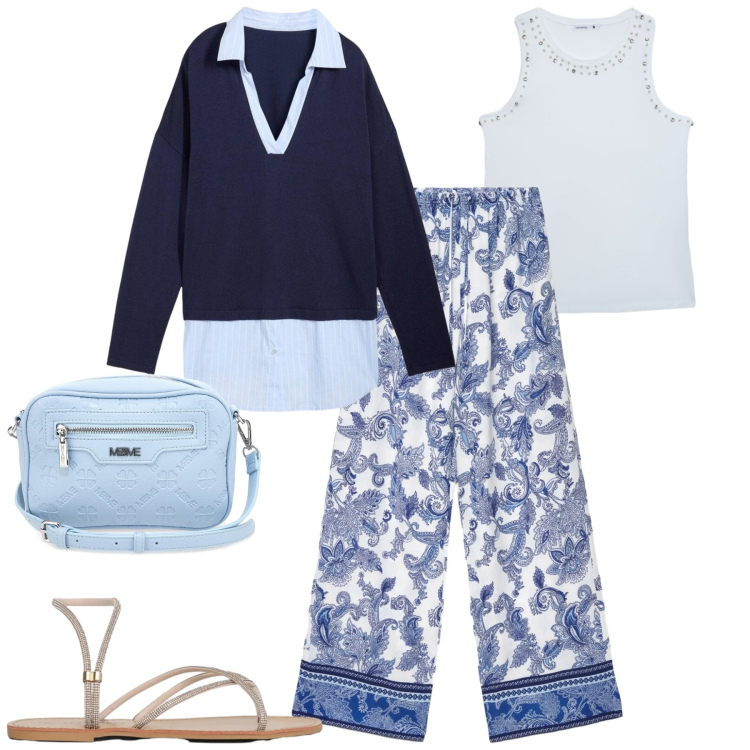 Outfit donna - April. Stile Romantica per Tutti i giorni. Abbinamento con maglieria, pantaloni, canottiere, sandali, borse a tracolla.