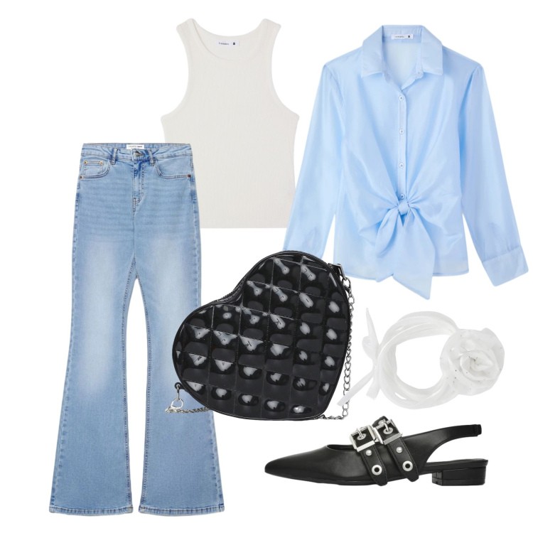 Outfit donna - Aprile. Stile Basic per Tutti i giorni. Abbinamento con camicie, jeans a zampa, ballerine, borse a tracolla, collane, canottiere.