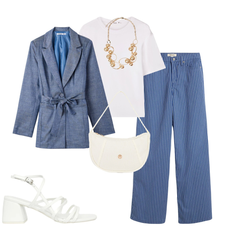 Outfit donna - City. Stile Urban per Tutti i giorni. Abbinamento con pantaloni, blazer, t-shirt, sandali col tacco, collane, borse a mano.