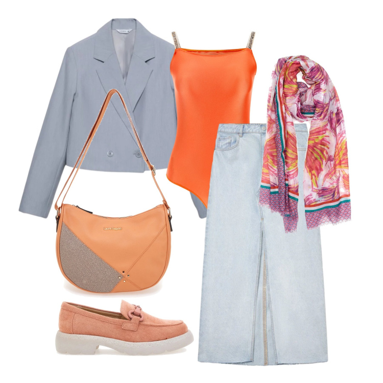 Outfit donna - Aprile. Stile Trendy per Tutti i giorni. Abbinamento con gonne lunghe, blazer, top, mocassini, sciarpe, borse a tracolla.