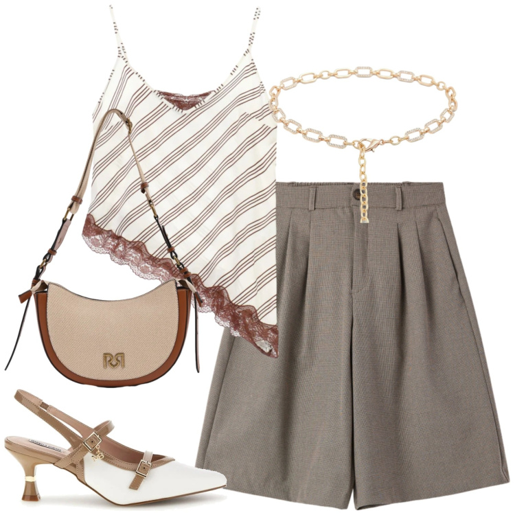 Outfit donna - Aprile. Stile Trendy per Tutti i giorni. Abbinamento con top, borse a tracolla, cinture, bermuda, décolleté.