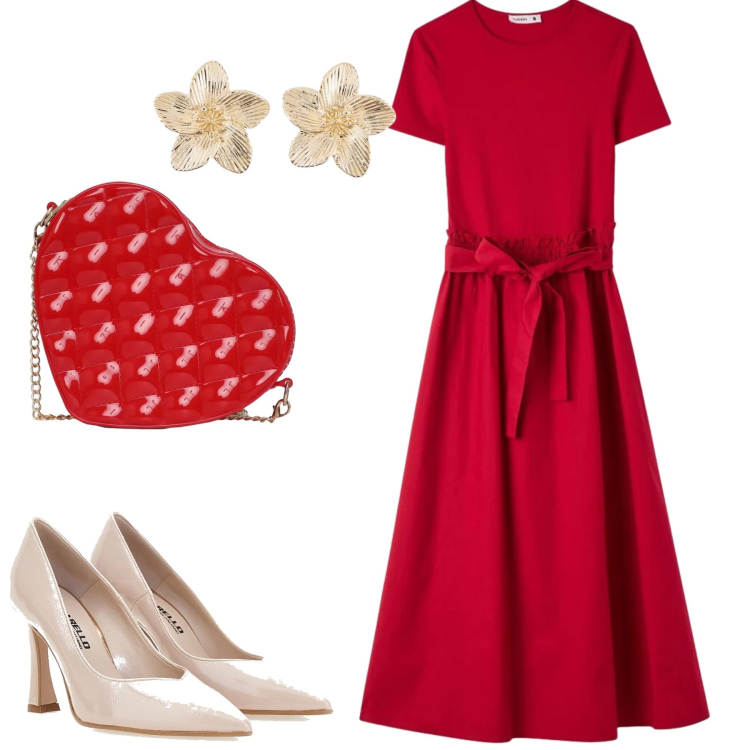 Outfit donna - Red. Stile Minimal per Tutti i giorni. Abbinamento con orecchini, vestiti lunghi, borse a tracolla, décolleté.
