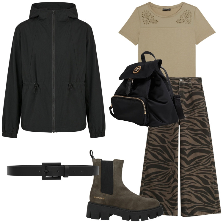 Outfit donna - Total look #2378998. Stile Casual per Tutti i giorni. Abbinamento con zaini, stivaletti chelsea, pantaloni a palazzo, t-shirt, blazer, cinture.