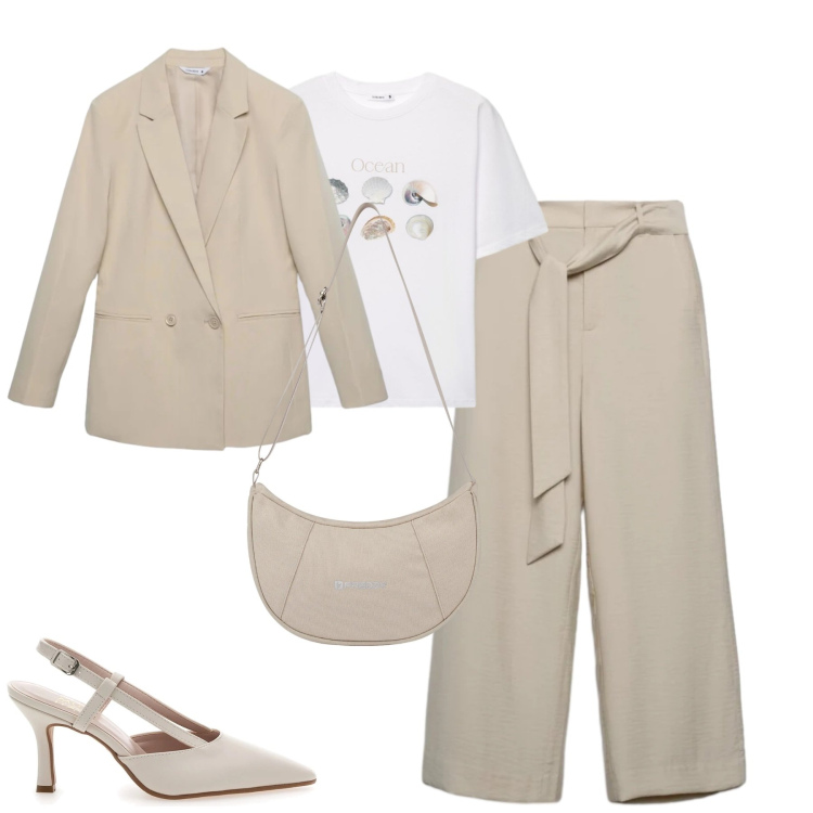 Outfit donna - Aprile. Stile Urban per Tutti i giorni. Abbinamento con blazer, pantaloni a palazzo, t-shirt, borse a spalla, décolleté.