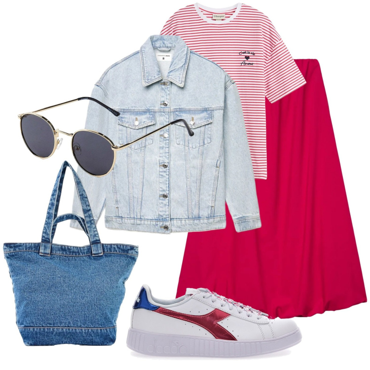 Outfit donna - Mare ad aprile. Stile Casual per Scuola/Università. Abbinamento con t-shirt, occhiali da sole, shopping bag, cappotti, gonne lunghe, sneakers.
