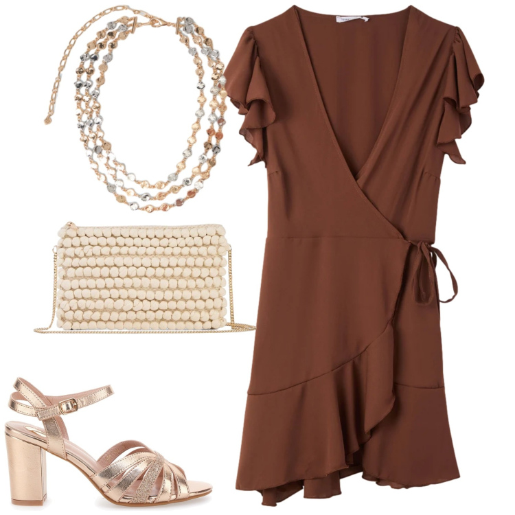 Outfit donna - Spring. Stile Trendy per Tutti i giorni. Abbinamento con borse a tracolla, vestiti corti, collane, sandali col tacco.
