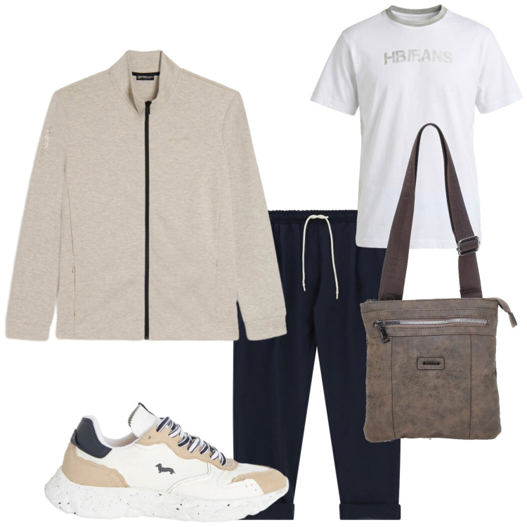 Outfit uomo - Al mercato. Stile Casual per Tutti i giorni. Abbinamento con pantaloni sportivi, sneakers, t-shirt, felpe, portafogli.