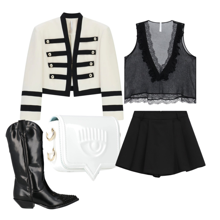 Outfit donna - Aprile. Stile Trendy per Tutti i giorni. Abbinamento con stivali, marsupi, shorts, blazer, top.