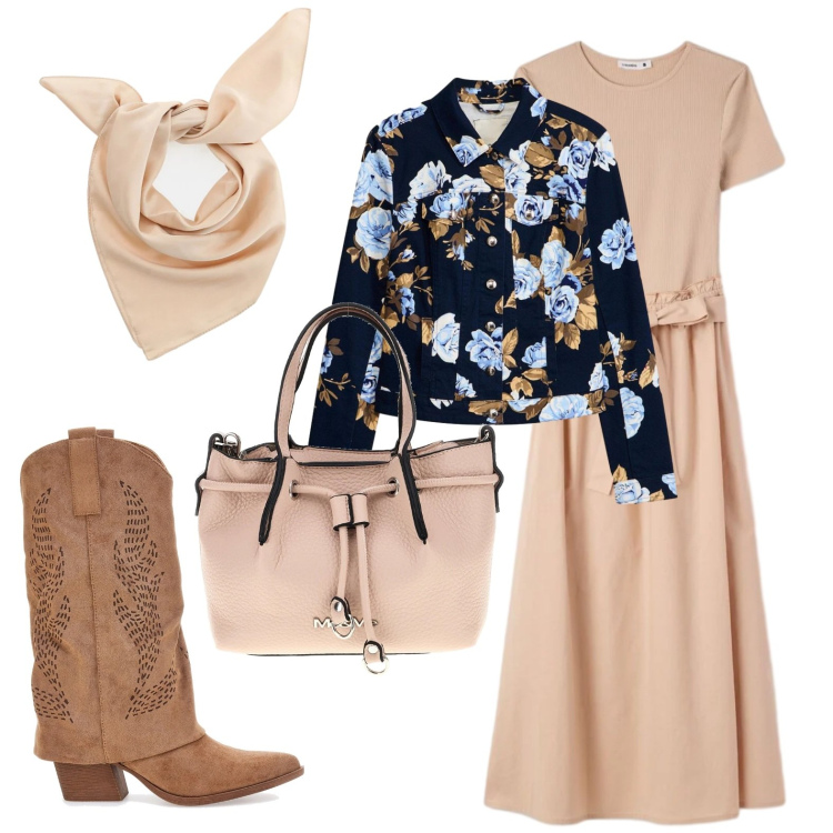 Outfit donna - Romantica cowgirl. Stile Casual chic per Ufficio. Abbinamento con blazer, vestiti lunghi, foulard, borse a spalla, stivali.