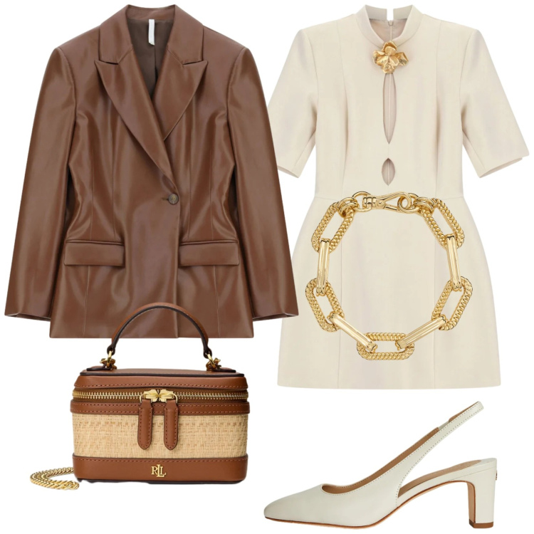 Outfit donna - Crema e cioccolato. Stile Casual chic per Cerimonia. Abbinamento con blazer, vestiti corti, braccialetti, borse a tracolla, décolleté.