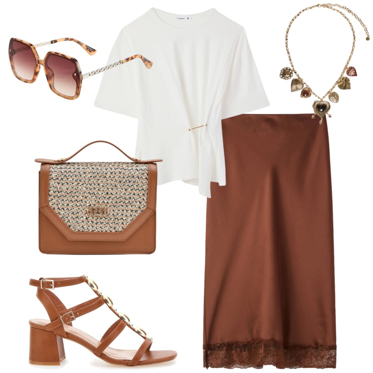 Outfit donna - Cioccolato. Stile Urban per Tutti i giorni. Abbinamento con occhiali da sole, t-shirt, gonne longuette, collane, pochette, sandali gioiello.