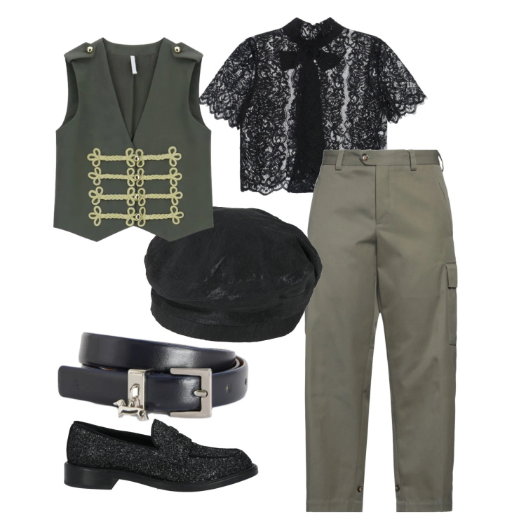Outfit donna - Aprile. Stile Military per Tutti i giorni. Abbinamento con mocassini, cappelli e berretti, pantaloni cargo, top, gilet, cinture.