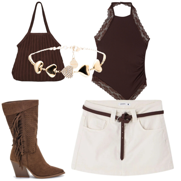 Outfit donna - Aprile. Stile Casual per Tutti i giorni. Abbinamento con top, shopping bag, minigonne, braccialetti, stivaletti texani.