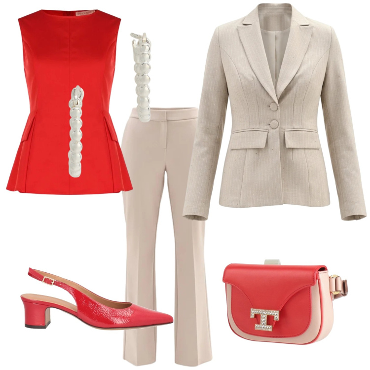 Outfit donna - Rinascimento tailleur. Stile Chic per Cerimonia. Abbinamento con marsupi, décolleté, blazer, canottiere, pantaloni, orecchini.