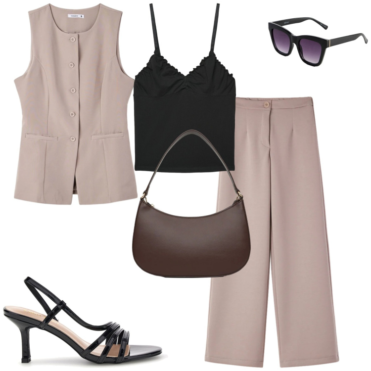 Outfit donna - Fango. Stile Urban per Tutti i giorni. Abbinamento con occhiali da sole, pantaloni, canottiere, borse a tracolla, gilet, sandali col tacco.