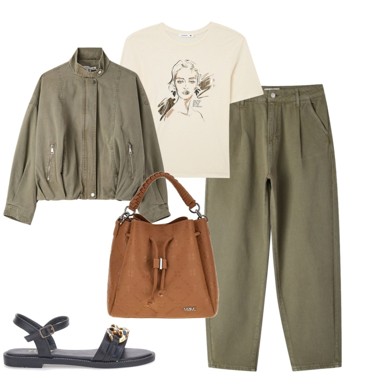 Outfit donna - Aprile. Stile Casual chic per Tutti i giorni. Abbinamento con t-shirt, bomber, pantaloni, borse a tracolla, sandali.