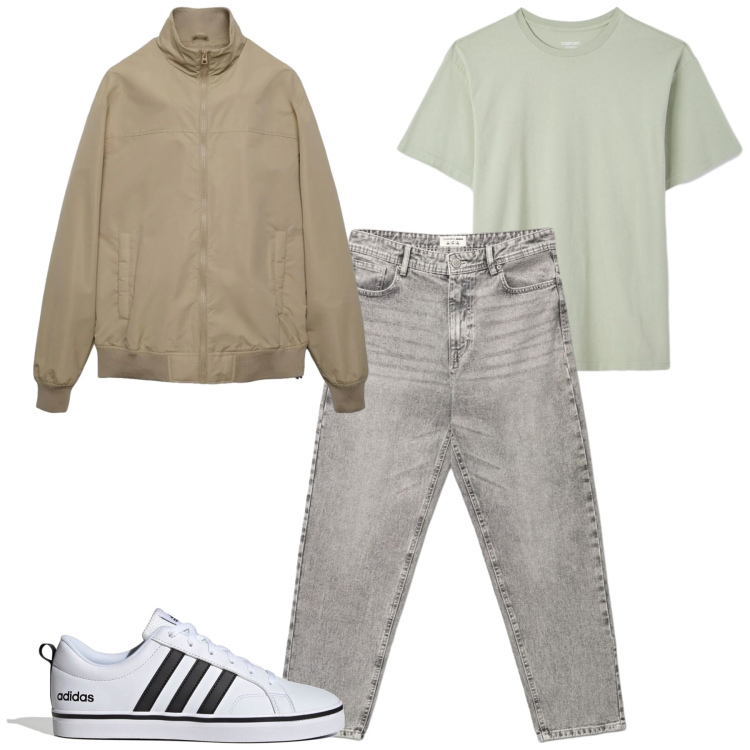 Outfit uomo - Spring. Stile Casual per Tutti i giorni. Abbinamento con jeans, bomber, t-shirt, sneakers.