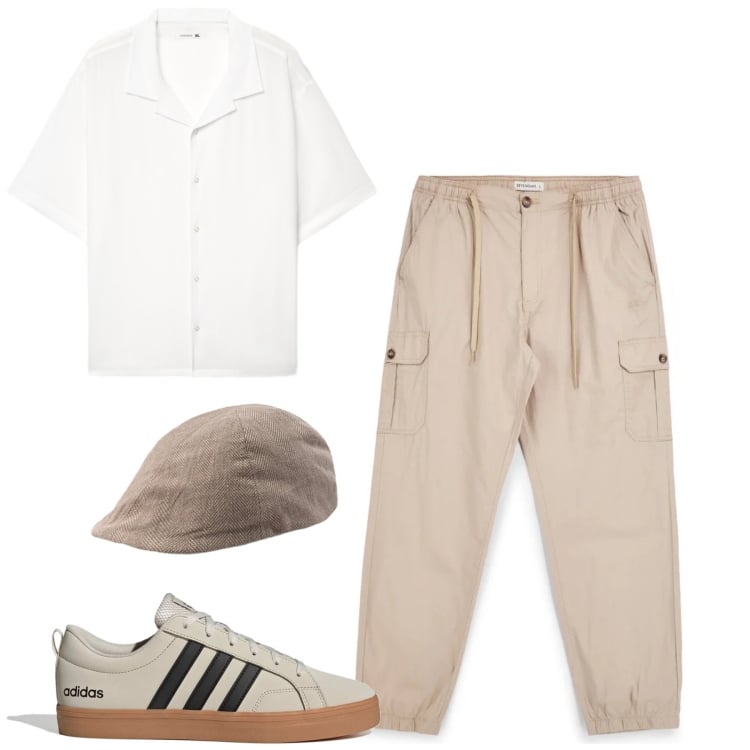 Outfit uomo - I cargo beige. Stile Casual per Tutti i giorni. Abbinamento con camicie a manica corta, sneakers, cappelli e berretti, pantaloni cargo.