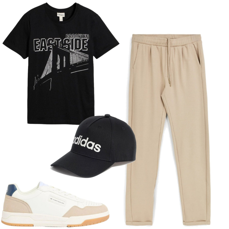 Outfit uomo - Aprile. Stile Casual per Tutti i giorni. Abbinamento con sneakers, t-shirt, cappelli, pantaloni.