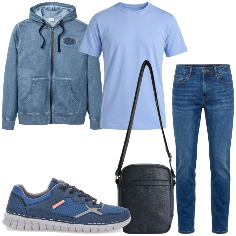 Outfit uomo - Jeans con la felpa. Stile Urban per Tutti i giorni. Abbinamento con felpe con cappuccio, borse sportive, jeans, t-shirt, sneakers.