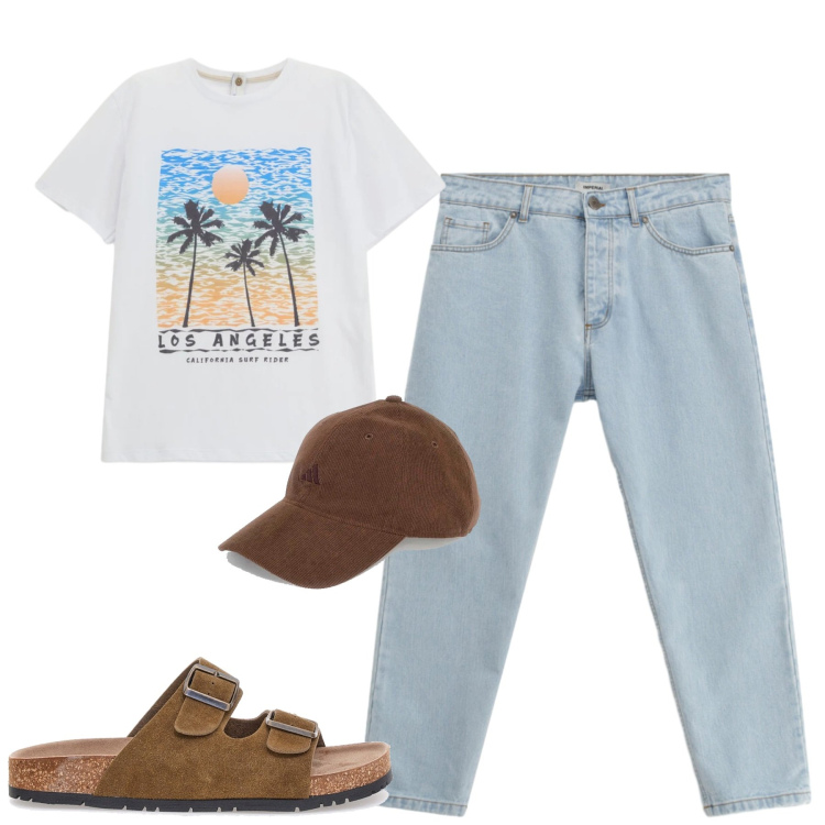 Outfit uomo - Weekend. Stile Casual per Tutti i giorni. Abbinamento con t-shirt, jeans, cappelli con visiera, sandali.