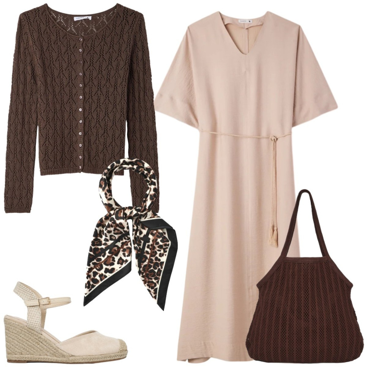 Outfit donna - Total look #2379127. Stile Boho per Tutti i giorni. Abbinamento con vestiti lunghi, cardigans, shopping bag, foulard, zeppe.