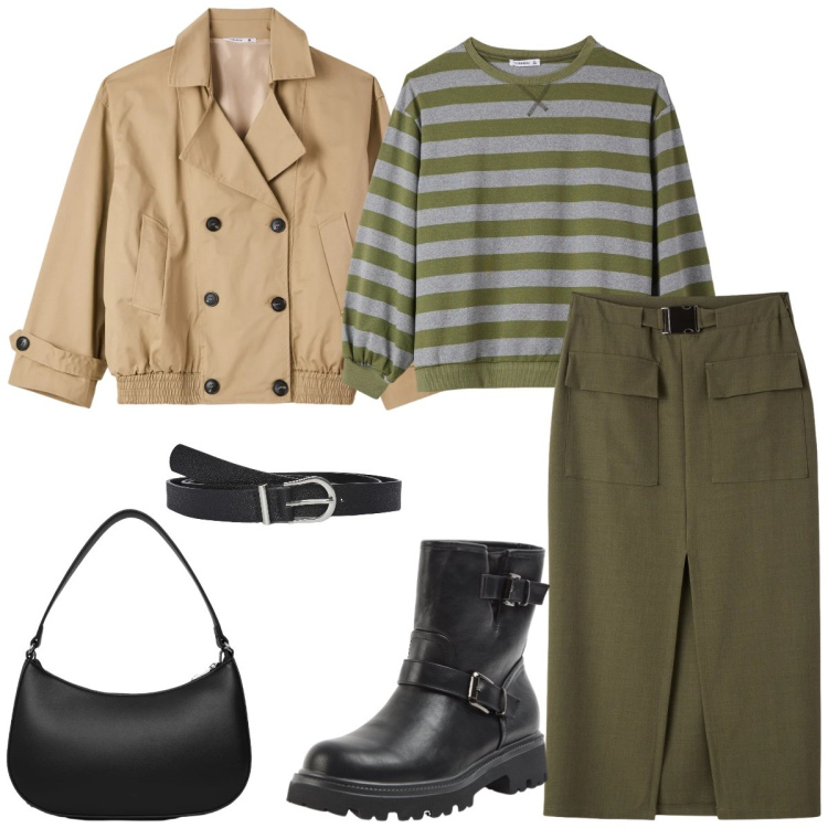 Outfit donna - Total look #2379153. Stile Casual per Tutti i giorni. Abbinamento con gonne longuette, trench, t-shirt, stivaletti, cinture, borse a tracolla.