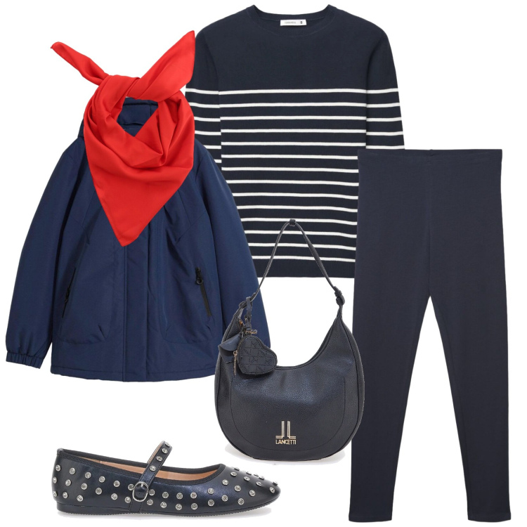 Outfit donna - Total look #2379167. Stile Casual chic per Tutti i giorni. Abbinamento con blazer, maglieria, leggings, foulard, ballerine, borse a spalla.