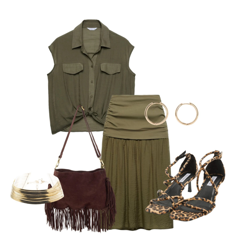 Outfit donna - Total look #2379176. Stile Sporty chic per Serata fuori. Abbinamento con borse a tracolla, orecchini, gonne longuette, camicie a manica corta, sandali col tacco, braccialetti.