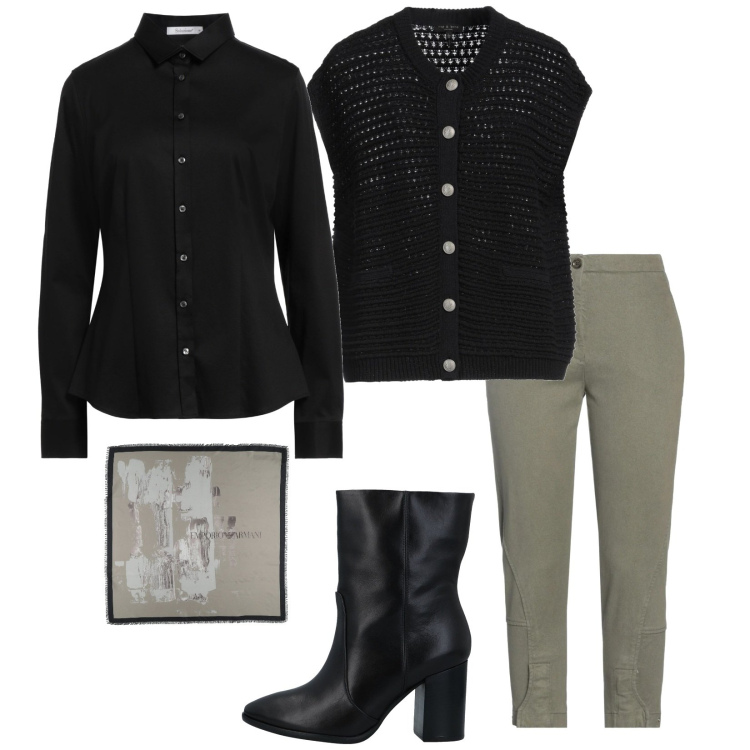 Outfit donna - Nero e verde. Stile Trendy per Tutti i giorni. Abbinamento con sciarpe, camicie, jeans slim fit, stivaletti, cardigans.