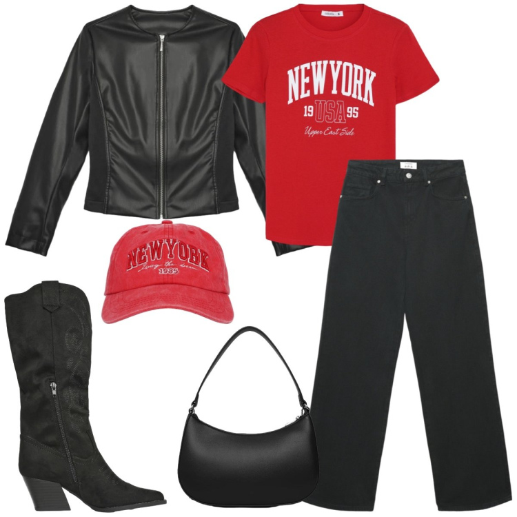 Outfit donna - Total look #2379179. Stile Casual per Tutti i giorni. Abbinamento con cappelli, t-shirt, giacche, stivali, borse a tracolla, jeans.