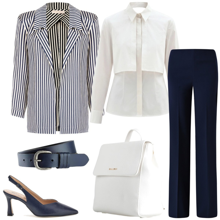 Outfit donna - Total look #2379198. Stile Chic per Ufficio. Abbinamento con zaini, cinture, pantaloni a palazzo, camicie, blazer, décolleté.