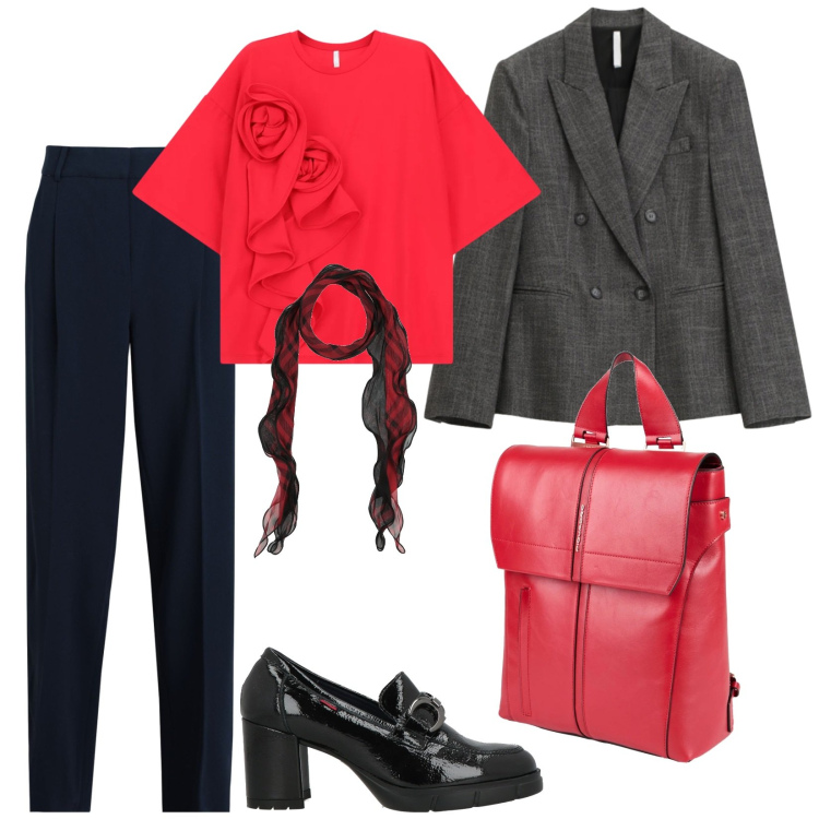 Outfit donna - In ufficio. Stile Casual chic per Ufficio. Abbinamento con sciarpe, zaini, mocassini, pantaloni, t-shirt, blazer.