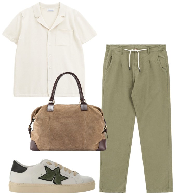 Outfit uomo - Weekend. Stile Trendy per Tutti i giorni. Abbinamento con pantaloni, camicie a manica corta, sneakers, borse sportive.