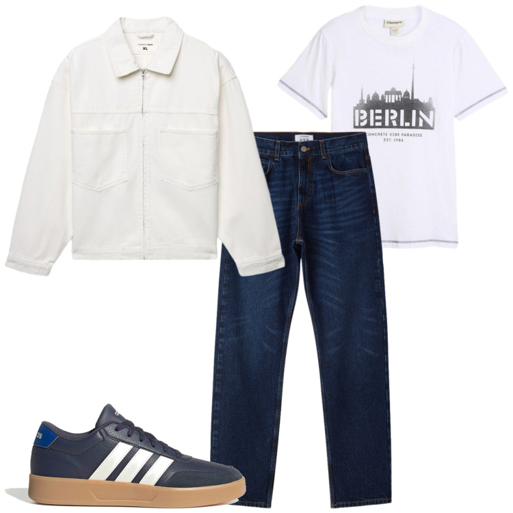 Outfit uomo - Total look #2379222. Stile Casual per Tutti i giorni. Abbinamento con t-shirt, giacche, jeans dritti, sneakers.