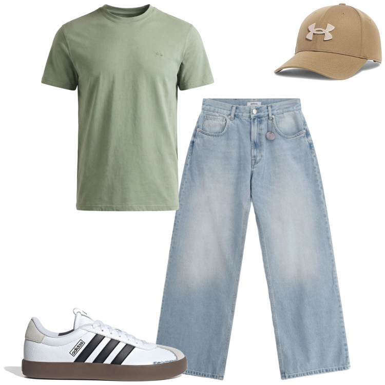 Outfit uomo - Spring. Stile Casual per Tutti i giorni. Abbinamento con jeans, t-shirt, sneakers, cappelli con visiera.