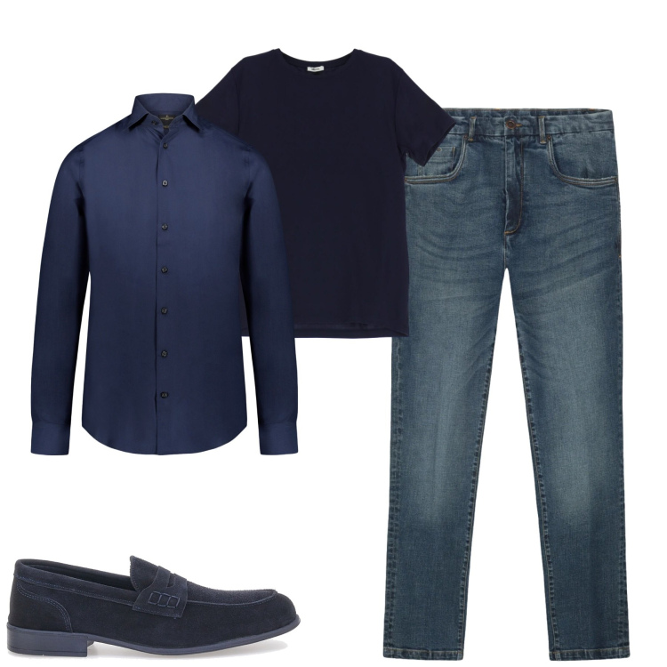 Outfit uomo - Minimal in blu. Stile Urban per Tutti i giorni. Abbinamento con t-shirt, camicie, scarpe stringate, jeans.