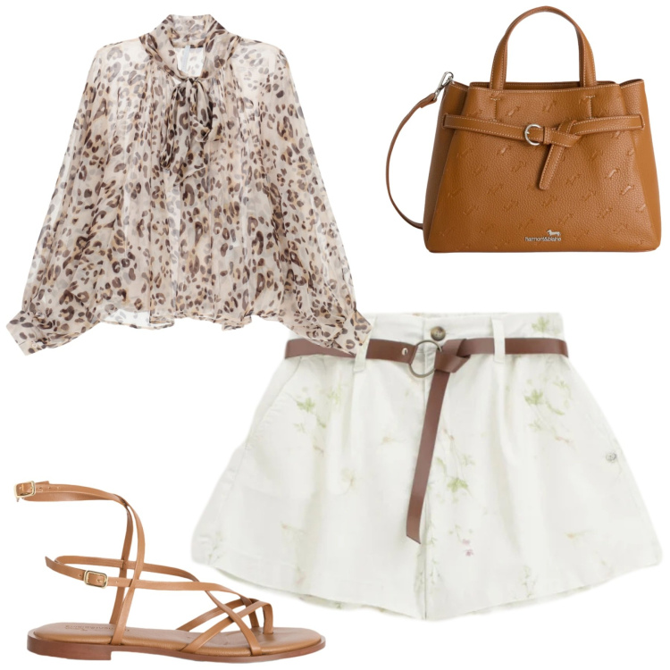 Outfit donna - City. Stile Casual chic per Tutti i giorni. Abbinamento con camicie, shorts, borse a mano, sandali in pelle.