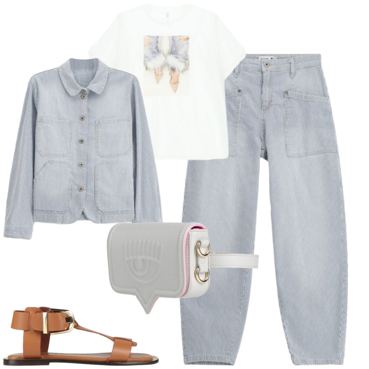 Outfit donna - Spring light grey. Stile Casual chic per Tutti i giorni. Abbinamento con marsupi, sandali alla schiava, jeans, blazer, t-shirt.