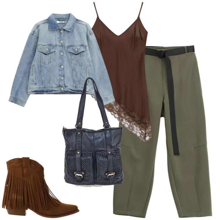 Outfit donna - City. Stile Casual per Tutti i giorni. Abbinamento con top, blazer, pantaloni, stivaletti texani, borse a spalla.
