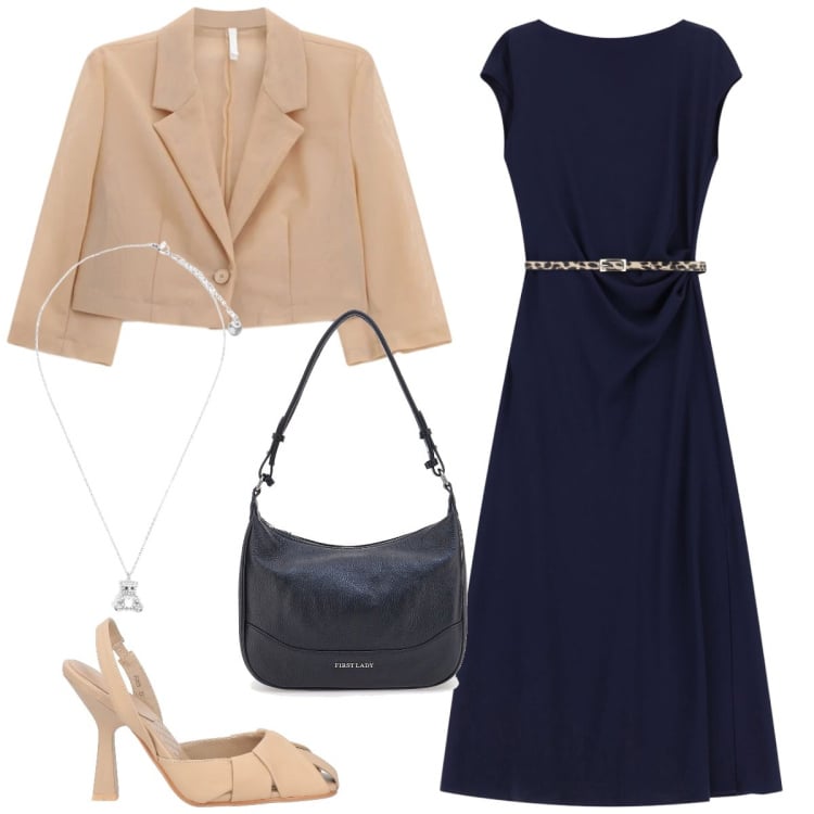 Outfit donna - Total look #2379318. Stile Chic per Cerimonia. Abbinamento con décolleté, vestiti midi/longuette, blazer, ciondoli, borse a tracolla.