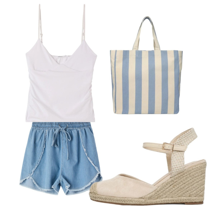 Outfit donna - denim chiaro che frescura. Stile Basic per Mare. Abbinamento con shorts, shopping bag, zeppe, canottiere.