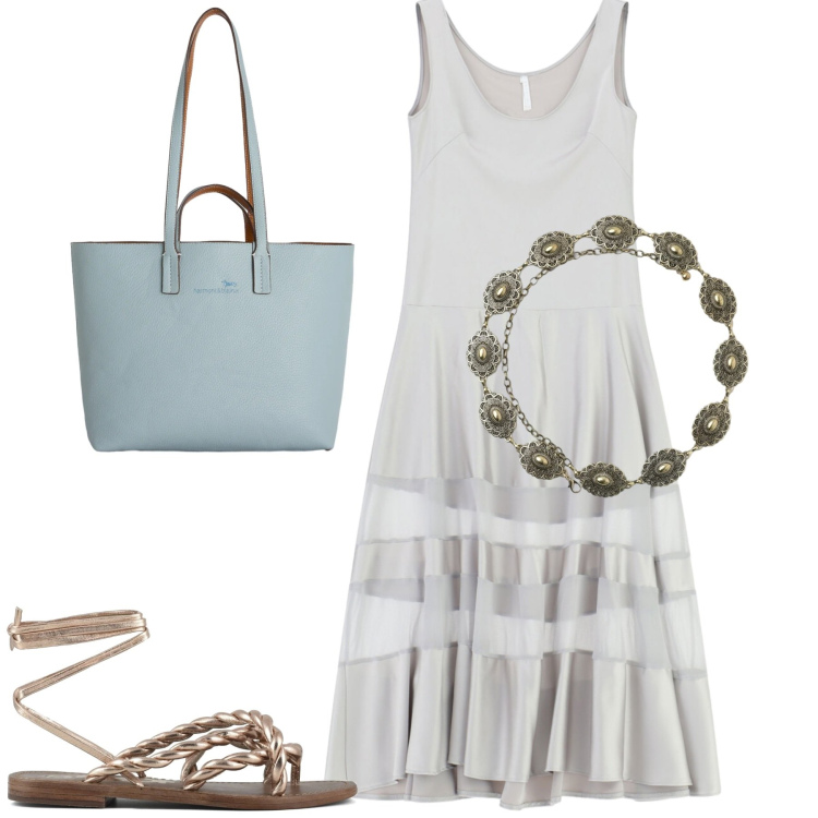 Outfit donna - Imperial. Stile Casual chic per Tutti i giorni. Abbinamento con cinture, vestiti lunghi, shopping bag, sandali in pelle.