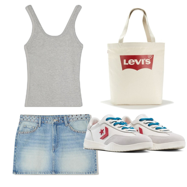 Outfit mujer - Casual. Estilo Casual para Todos los días. Combinación con sneakers, faldas, bolso tote, camiseta.