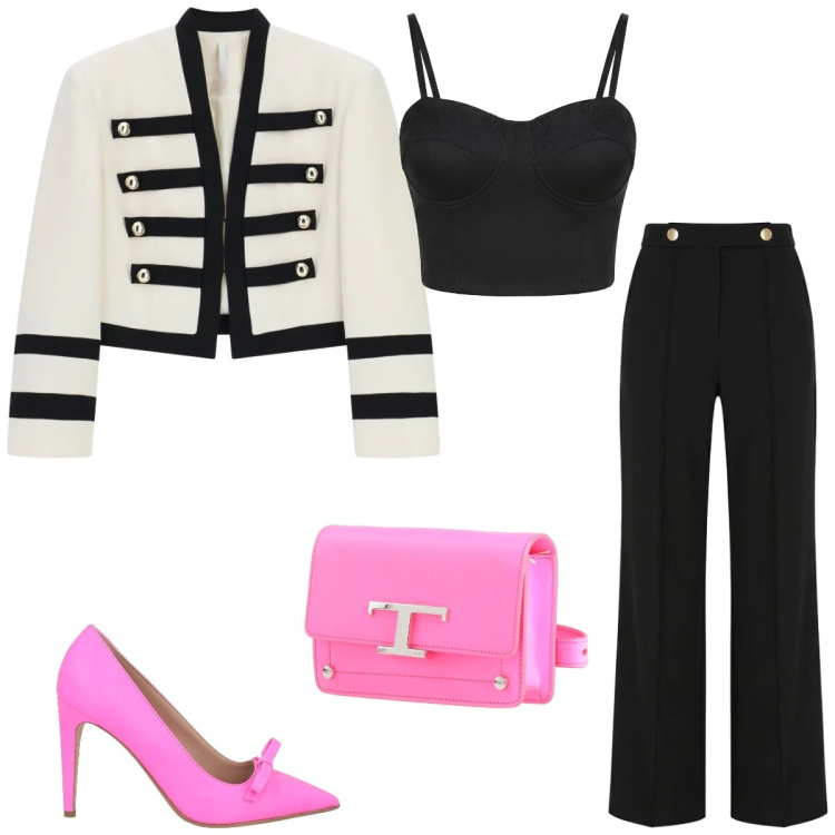 Outfit donna - Total look #2379330. Stile Chic per Cerimonia. Abbinamento con décolleté, marsupi, blazer, pantaloni, top.