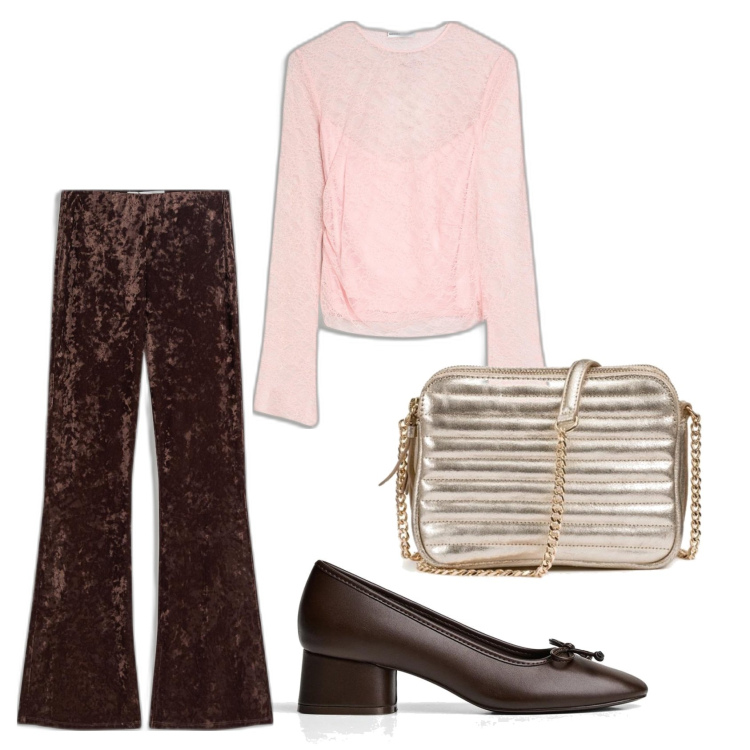 Outfit mujer - Glamour. Estilo Glamour para Todos los días. Combinación con bolsos de hombro, pantalones, camiseta, bailarinas.