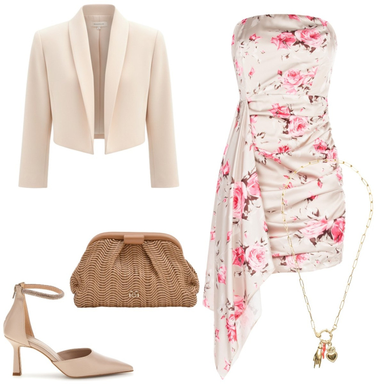 Outfit donna - Total look #2379337. Stile Chic per Cerimonia. Abbinamento con ciondoli, vestiti corti, pochette, bolero, décolleté.