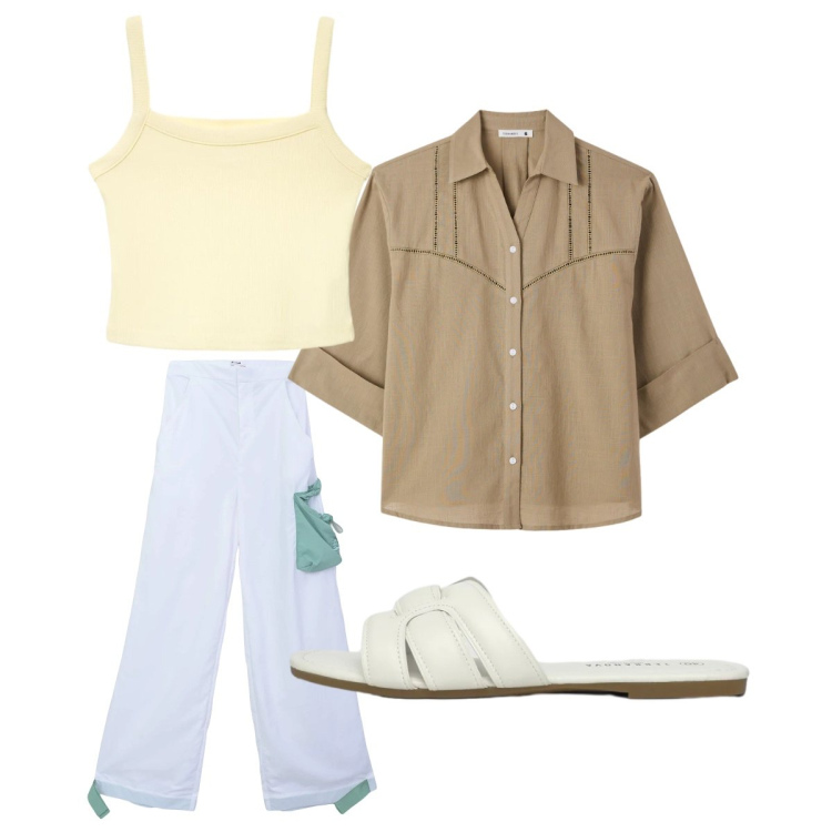 Outfit donna - Terranova Spring Deals. Stile Trendy per Tutti i giorni. Abbinamento con pantaloni cargo, canottiere, camicie a manica corta, ciabatte.