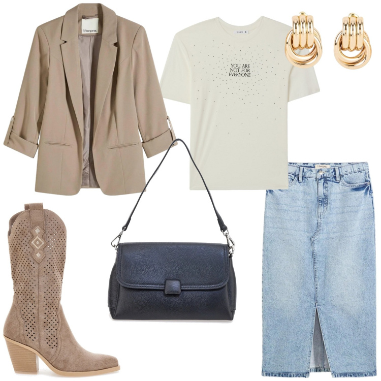 Outfit donna - Il blazer che definisce. Stile Trendy per Tutti i giorni. Abbinamento con gonne longuette, orecchini, blazer, t-shirt, stivaletti texani, borse a spalla.