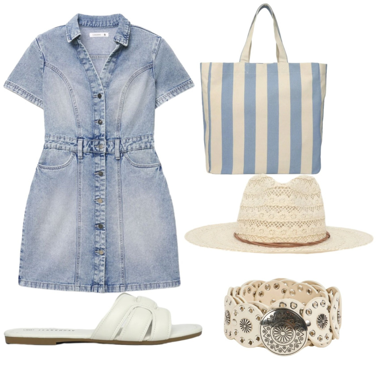 Outfit donna - A casa al mare. Stile Casual per Mare. Abbinamento con ciabatte, vestiti corti, shopping bag, cinture, cappelli.